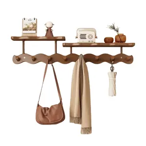 1 Piece Bohemian Style Wooden Piano Key Wall Rack - Wave Shape with 6 Foldable Hooks, Easy to Install Wall-Mounted Coat Hook, Foldable Hanging Storage Rack, Wall Mount Organizer for Bedroom, Entrance, Foyer, Mudroom, Beautiful Room Decoration