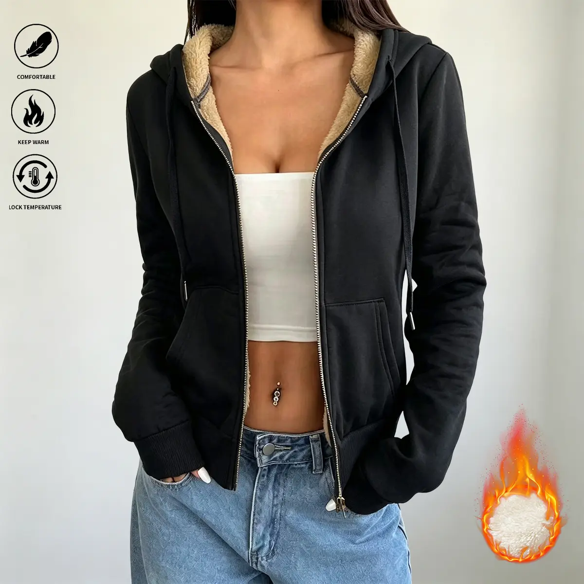 Women’s comfortable hooded jacket with windproof insulation and temperature lock features, providing superior warmth and a stylish look; suitable for everyday casual wear and active outings. Women’s top, women’s clothing.