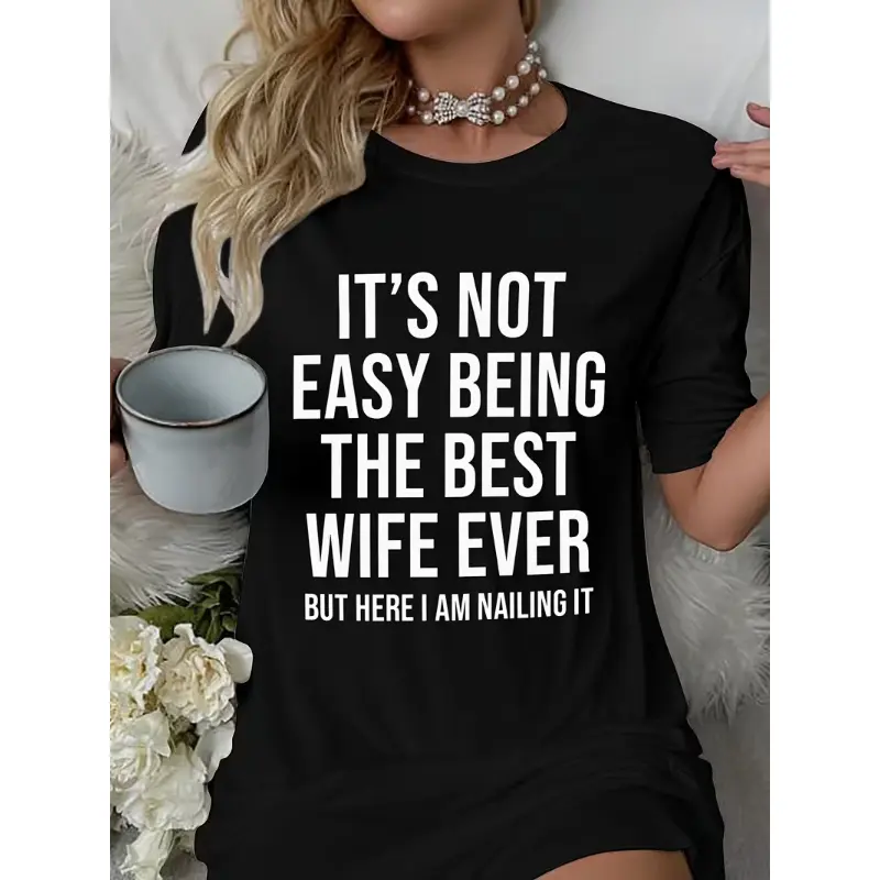 Women's Slogan Print 100% Cotton Tee Dress, Oversized Short Sleeve Nightgown, Breathable Casual Loungewear