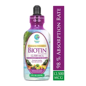 Tropical Oasis Biotin Liquid Formula for Hair Growth 12,500mcg 4oz with Organic Aloe Vera Haircare Supplement Solution