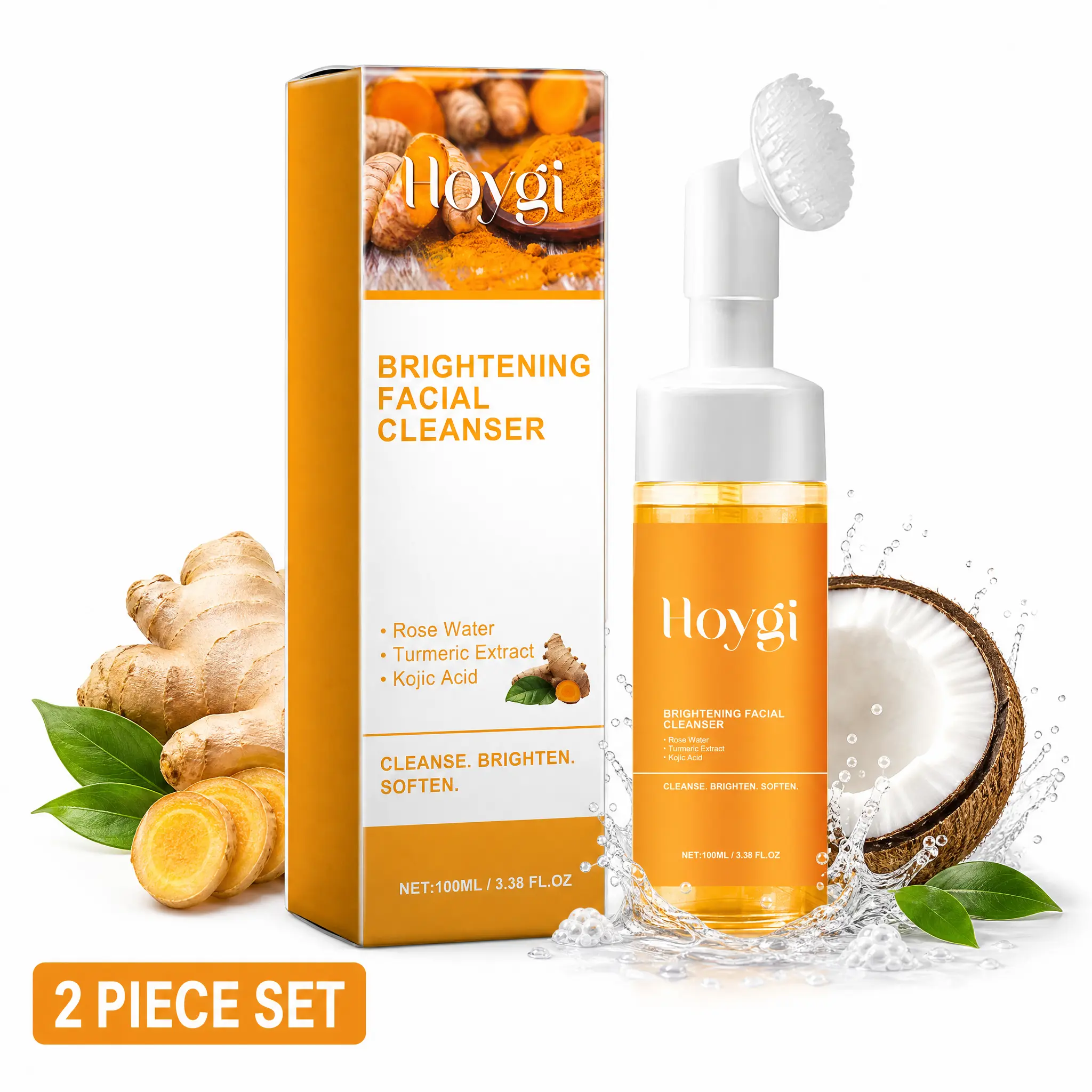 Facial Cleanser, HOYGI Brightening Face Wash with Turmeric & Rose Water, Gentle Exfoliating & Hydrating for Acne-Prone Skin, 100 ml / 3.38 fl oz