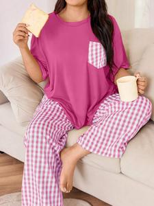 【plus size】 solid color tee & plaid print pants loungewear set, casual comfy short sleeve t-shirt & trousers pj set, women's sleepwear for all seasons, pajama, womenswear