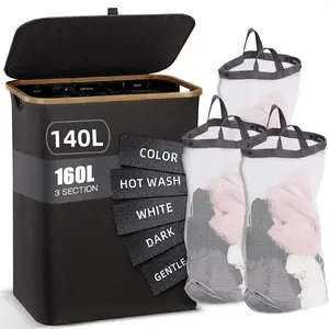 90/160L 3-Section Laundry Hamper with Lid & Sturdy Handles - Extra Large Dirty Clothes Organizer for Laundry Room Bedroom