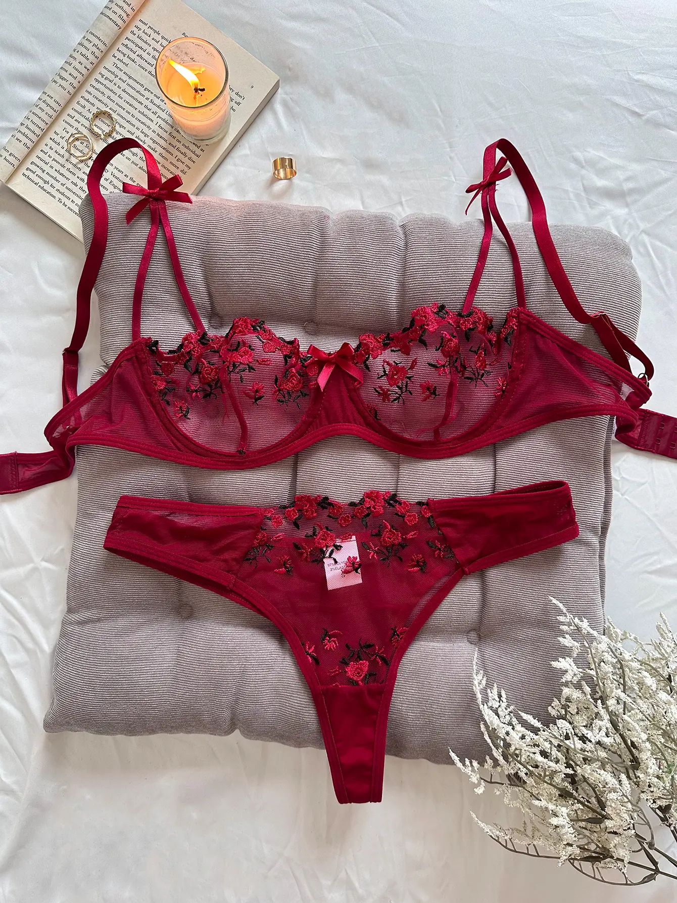Women Romantic Pink Floral Embroidery Sheer Mesh Lingerie Set, Sweet Bow Straps Underwire Bra + Thong Panty 2‑Piece Outfit for Special Occasion