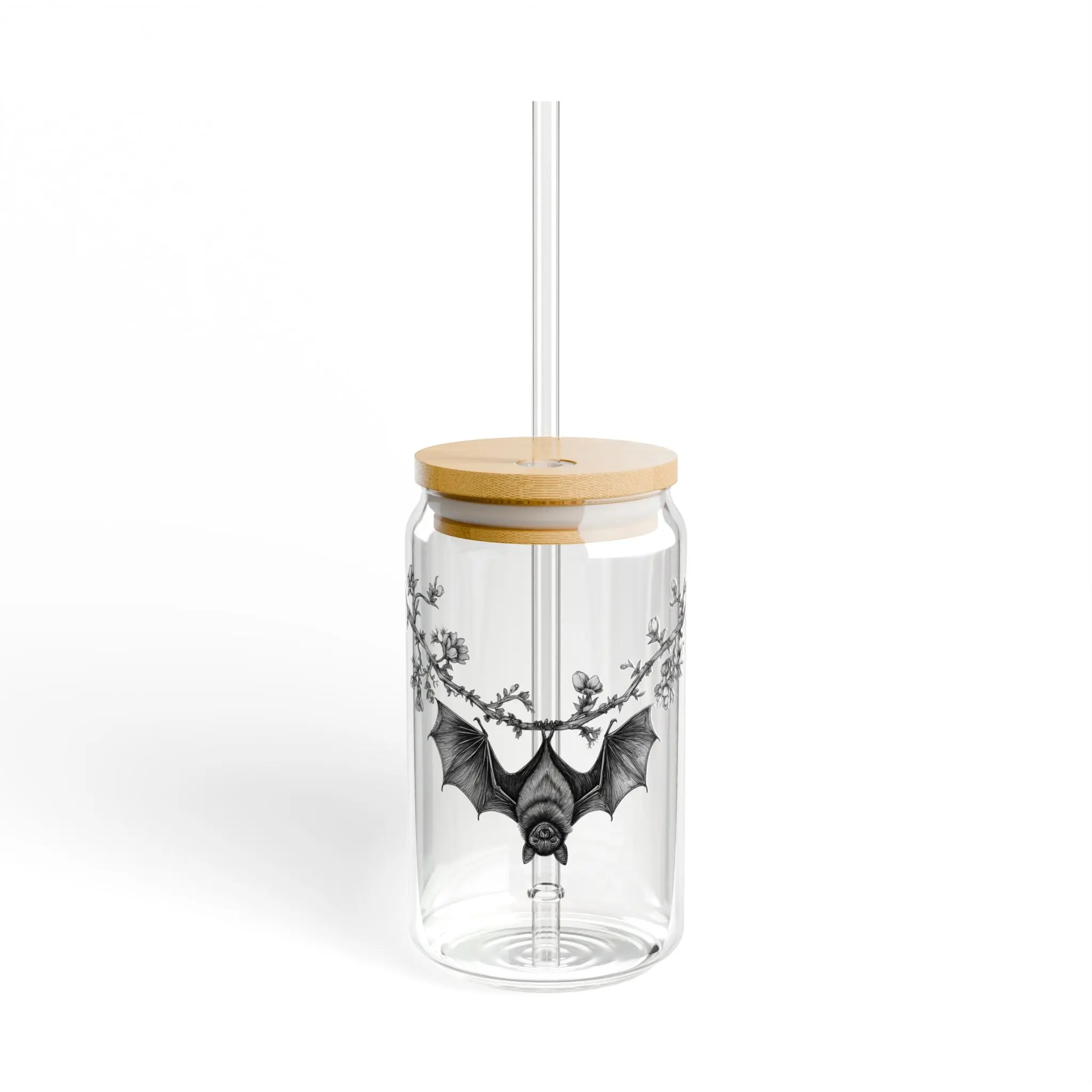 Botanical Bat Sipper Glass | Gothic Bat Glass Can | 16oz Iced Coffee Cup with Bamboo Lid & Straw | Cottagecore Drinkware | Nature Lover Gift