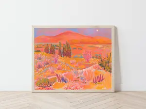 Western Desert Print | Retro Midcentury Modern Poster | Botanical Cactus Decor | Pink Office Bedroom Painting | Vintage Wild West Art