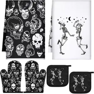 6 Pcs Skull Kitchen Decor Set, Gothic Kitchen Towels, Oven Mitts and Pot Holders with Skeleton Hand Design for Cooking, Baking, Dish Drying, Horror Party Gifts and Halloween Home Decoration