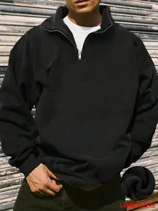 Men's Half-Zip Polar Fleece Long Sleeve Sweatshirt, Thick Solid Color Casual Warm Fashion Stand Collar Pullover for Fall & Winter