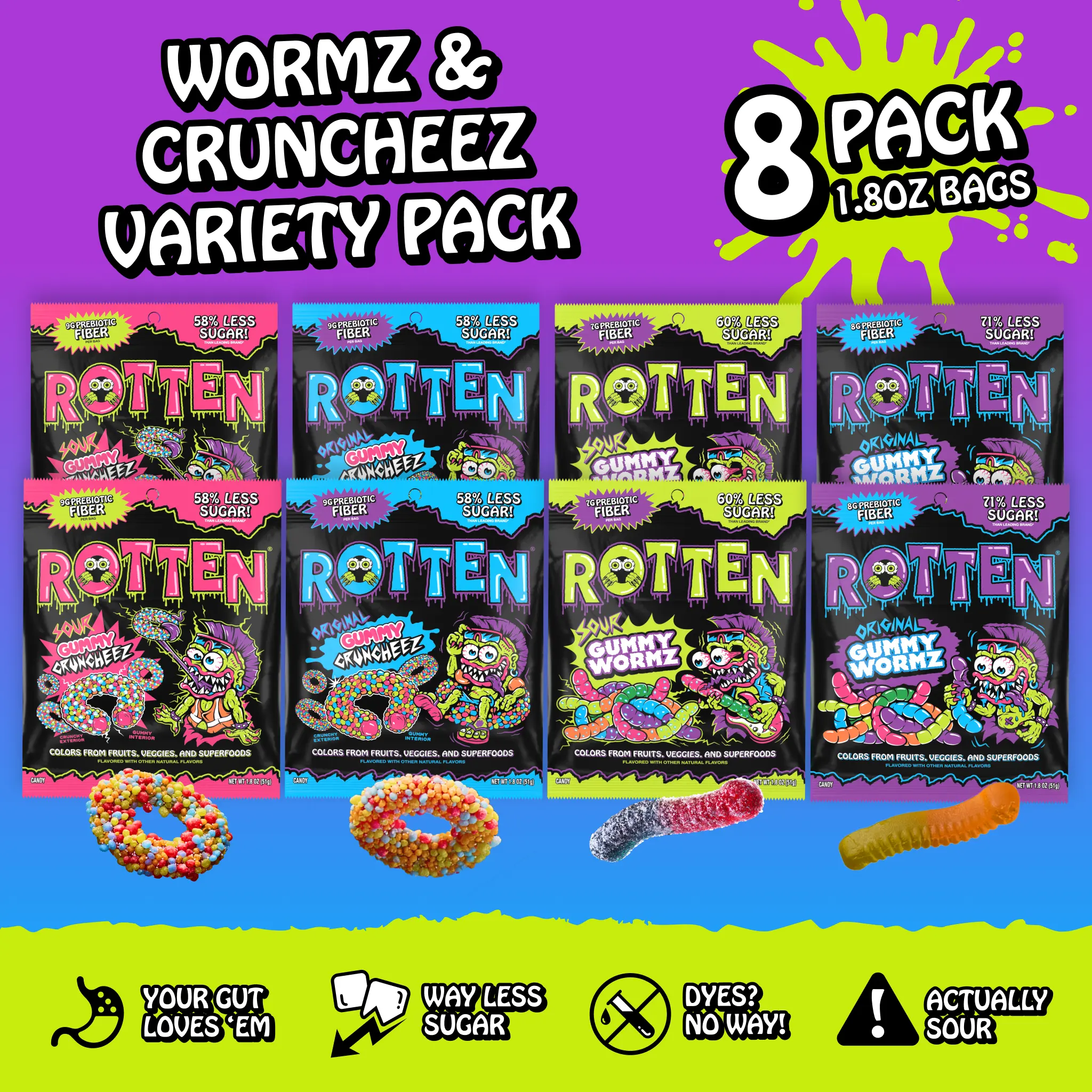 All Flavor Variety Pack: Wormz and Cruncheez Solo Size (1.8 oz) Gummy Sweets Variety Gummy Mix