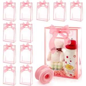 12 count Clear Plastic  Bags with Handles, 10.2x7.1x3.1 Inch   Party Favor Bag Transparent  Wrap Bag Bulks with Ribbon for Bridal Wedding Birthday Party  Shower