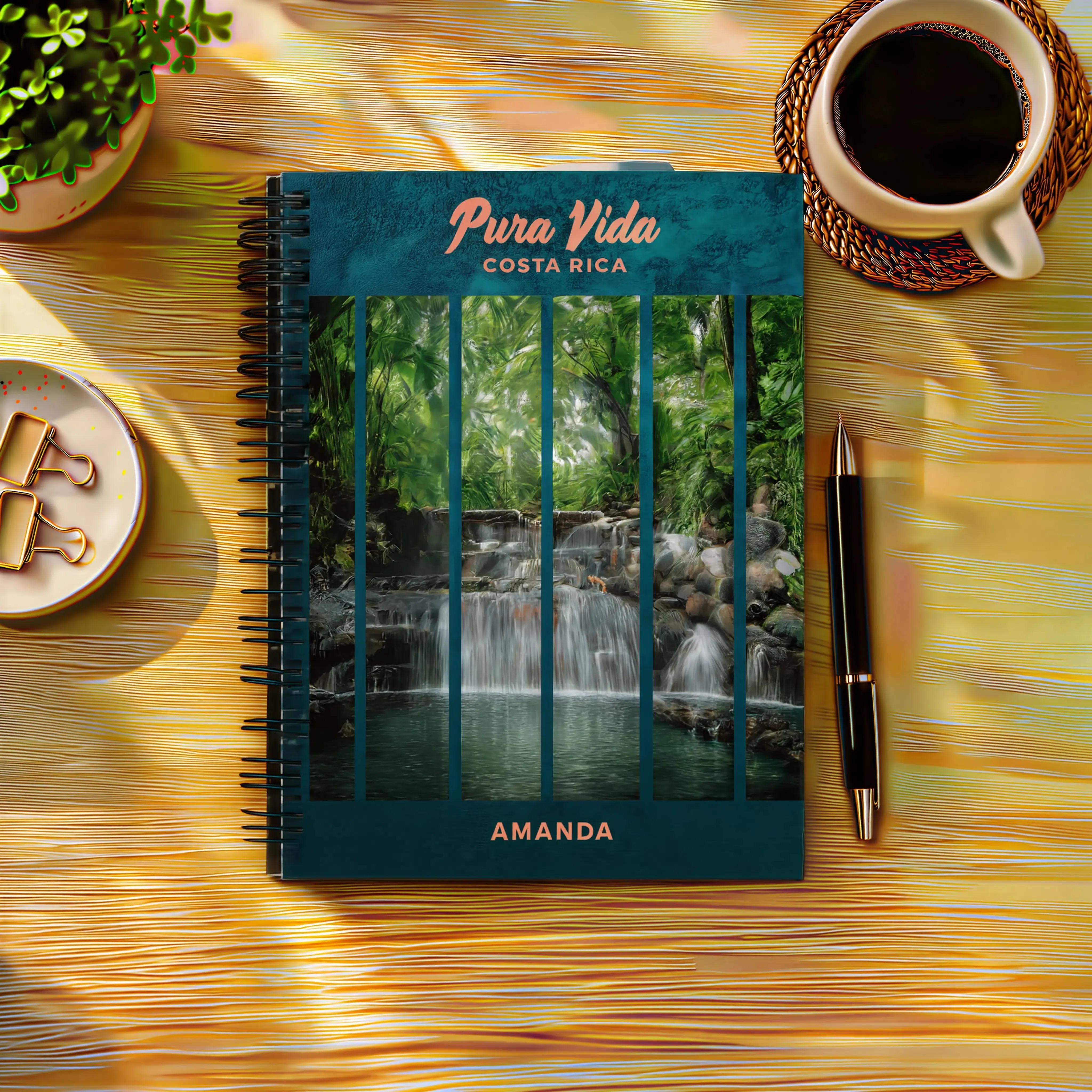 Costa Rica Rainforest Waterfall Spiral Journal, Personalized Pura Vida Notebook, Custom Name Tropical Nature Travel Diary Gift