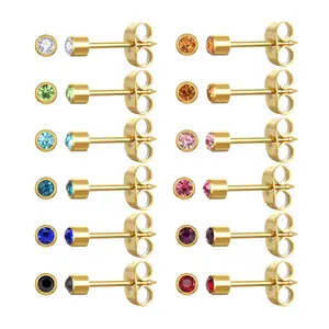 12 Pairs Ear Piercing Stud Earrings,Surgical Stainless Steel Multicolor Cubic Zirconia Birthstone Stud Earrings for Piercing Guns 2mm 3mm 4mm 5mm
