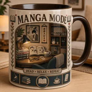 Custom Manga Reader Mug, 2D Printed 3D Effect Ceramic Coffee Cup, Cozy Reading Desk Anime Shelf Book Design, Personalized Gift for Manga Fans, Anime Lovers, Book Collectors, Birthday Christmas Gift