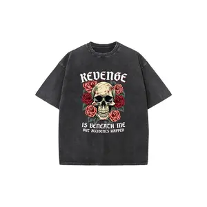 Vintage Washed Black Skull Rose Graphic T-Shirt for Men, Gothic Revenge Is Beneath Me Print Short Sleeve Tee, Retro Streetwear Oversized Casual Crewneck Top, Hip Hop Punk Rock Style Shirt for Men Women
