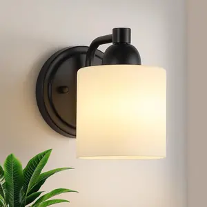 Matte Black Milk Glass Wall Sconces, 1 Pack Hardwired Indoor Wall Light Fixtures for Living Room, Hallway, Bedroom, Ceramic E26 Sockets (Bulbs Not Included)
