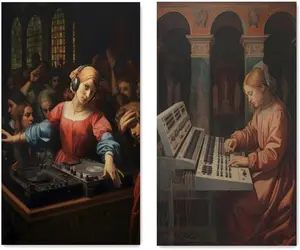 2pcs Framed Renaissance Funny DJ Techno Poster Retro and Modern Canvas Painting Wall Art Picture for Living Room Home Decor