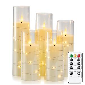 Raycare Flameless LED Candles with Embedded Star String, 5 Pcs Battery Operated Acrylic Pillar Candles with Timer and Remote, Flickering Candles for Romantic Ambiance and Home Decoration Mood Decorative Led Ambient Light