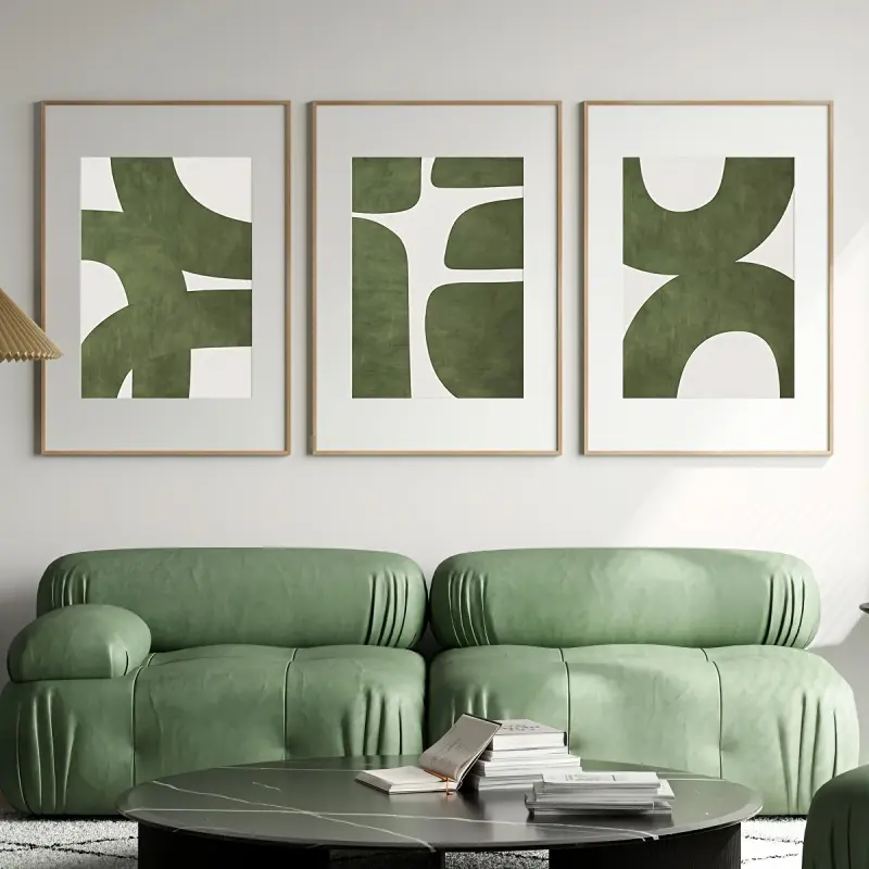 3pcs Mid-Century Modern Minimalist Design Green Abstract Art Prints, Unframed Spring Fashion Theme Canvas Posters for Living Room, Bedroom, Office, Indoor Portrait Wall Decor, Modern Home Decoration, Abstract Pattern Print, Artwork