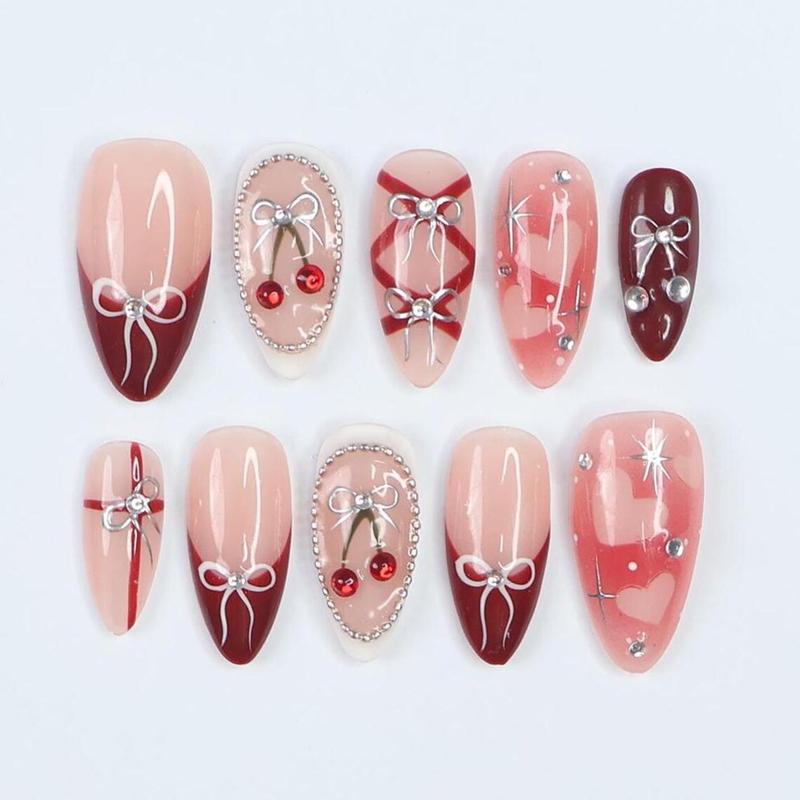 Press On Nails Cherry Charm with Silver Bows, 3D Pearl & Heart Nail Art in Medium Almond, Handmade Elegant Nail Art for Holiday, Birthday