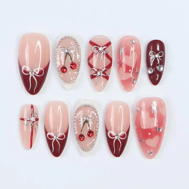 Press On Nails Cherry Charm with Silver Bows, 3D Pearl & Heart Nail Art in Medium Almond, Handmade Elegant Nail Art for Holiday, Birthday