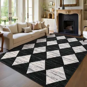 1PC Indoor Modern Geometric Checkerboard Floor Cover for Room Accessory Washable Soft Low Pile Area Rug for Bedroom Living Room Easy Care Non Slip Runner Rug Rug Room Men - Black