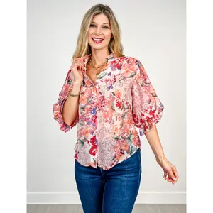 3/4 Length Sleeve Floral Print Button Down Top
