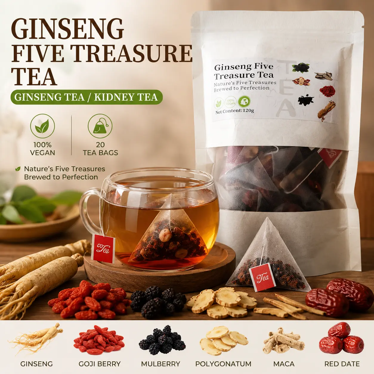 Ginseng 5 Treasure Kidney Tea with Mulberry Goji Berry Turmeric Red Date Wolfberry Herbal Teas Bags for Men Women Cleanse Detox Beverage loaded tea