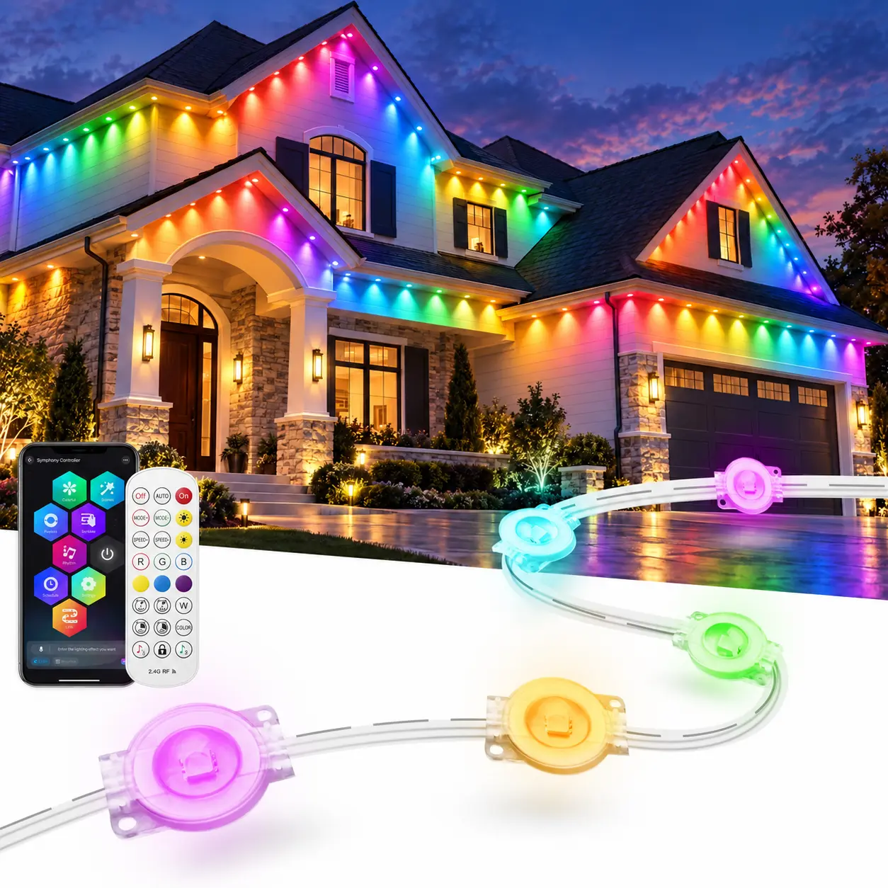 50–500FT Permanent Outdoor Lights, Smart RGBIC Eave Lights with App & Remote Control, DIY Scene Modes & Chasing Effects, IP67 Waterproof Roofline LED Lights for Halloween, Christmas, Holiday Decor & Year-Round Home Lighting