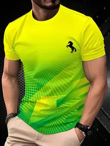 Men's Neon T-Shirt, Regular Fit Round Neck Short Sleeve, Casual Shirt, Breathable Street Style Print Top
