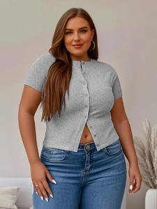 【plus size】solid ribbed short sleeve top, casual button front top for summer, summer tops, women's plus clothing for daily wear, womenswear, soft top women, buttoned top