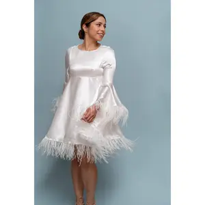 Abby Dress - Wedding Gown Bachelorette Bridal Shower Rehearsal Dress Silky Empire Waist Ostrich Feather Trim Circle Skirt Long Bell Sleeves