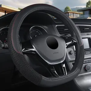 Car Steering Wheel Cover, Leather Steering Wheel Cover,Universal 14.5-15 Inch Microfiber Leather Anti-Slip Breathable Auto Steering Wheel Covers for Men Women (Black&Red Line)