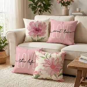 Set of 4 Decorative Spring Wreath Pillow Covers - Pink Peony Floral Bless Home Linen Cushion Case for Farmhouse Decor Room Bedroom Sofa Chair Car 0201YZ