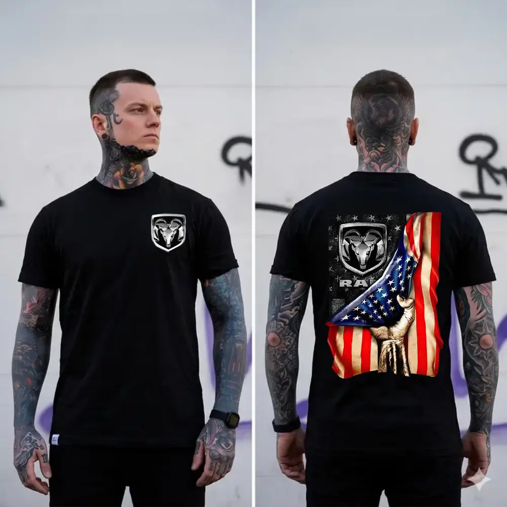 Dodge Ram Logo Behind American Flag T-Shirt - Patriotic Truck Graphic Tee, Unisex Shirt, Men Gift, Men Shirt, Full Size, Full Color