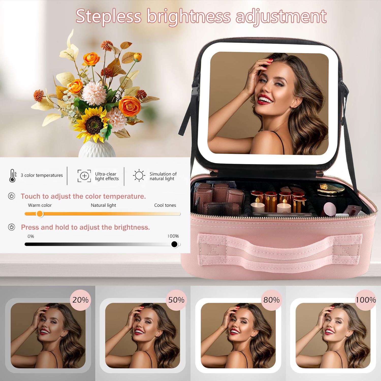 Travel Makeup Bag with Mirror & Light | Portable Cosmetic Organizer with Adjustable Dividers and Brush Storage