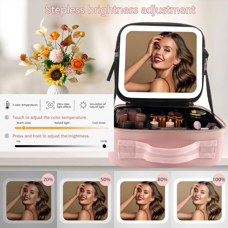 Travel Makeup Bag with Mirror & Light | Portable Cosmetic Organizer with Adjustable Dividers and Brush Storage