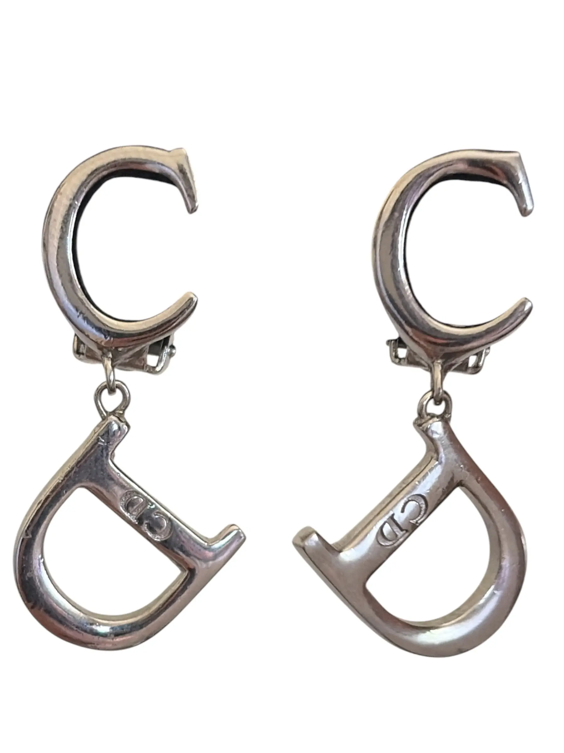 Pre-owned Christian Dior Silver "CD" Clip On Earrings