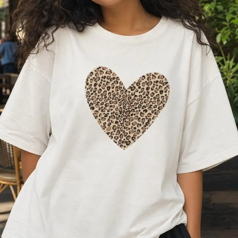 Leopard Heart Shirt Women Plus Size Cheetah Print Graphic Tee Casual Top