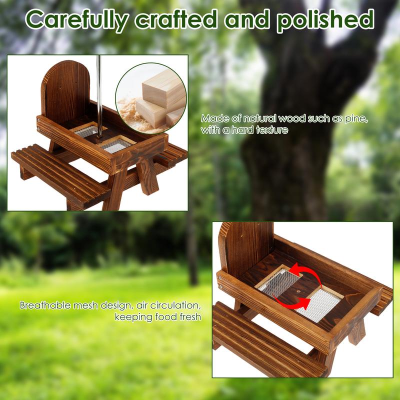 Wood Squirrel Feeder with Red Umbrella Carbonized Squirrel Picnic Table Waterproof Chipmunk Feeder Funny Squirrel Feeder Picnic Table for Squirrel Gift