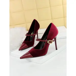Party High Heels Thin Heels Low Vamp Pointed Suede & Metallic Buckle Detail Single Strap Women's Shoes