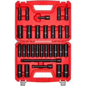 1/2-Inch Drive Impact Socket Set, 29-Piece, 6-Point Deep Impact Sockets, SAE (3/8 to 1-Inch) and Metric (10 to 24 mm) Sizes with Extension Bars (3, 5, 10-Inch), Cr-V Steel, Heavy-Duty Carrying Case