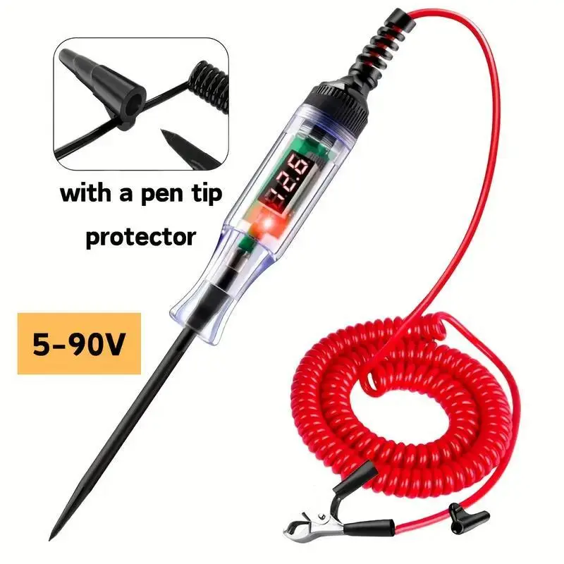 Digital LED Circuit Tester - 5V-90V Automotive Electrical Voltage Tester, Extended Spring Wire, Bidirectional Light, Compact Design, Pen Tip Protector