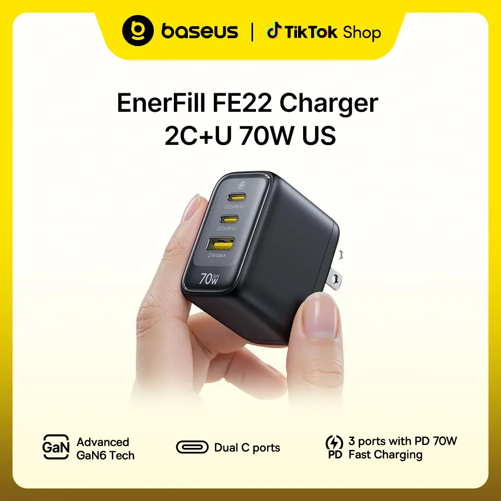 Baseus Enerfill 70W USB-C GaN Wall Charger - 3-Port Fast Charging Block with Foldable Plug for Mobile Phones, Smartphones, Tablets, Cellphone Devices, MacBook Pro, iPad Pro, iPhone 17/16/15, Galaxy S25/24, Airpods 4