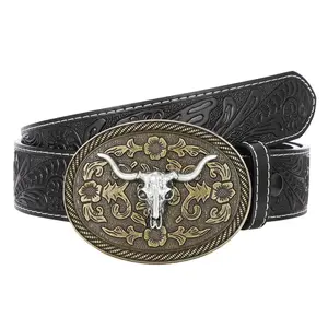 XZQTIVE Western Leather Buckle Belt for Men Women Cowboy Cowgirl Leather Mens Belts for Jeans Embossed Men's Birthday Christmas Belts Western Brown Leather Print Belt with Buckle