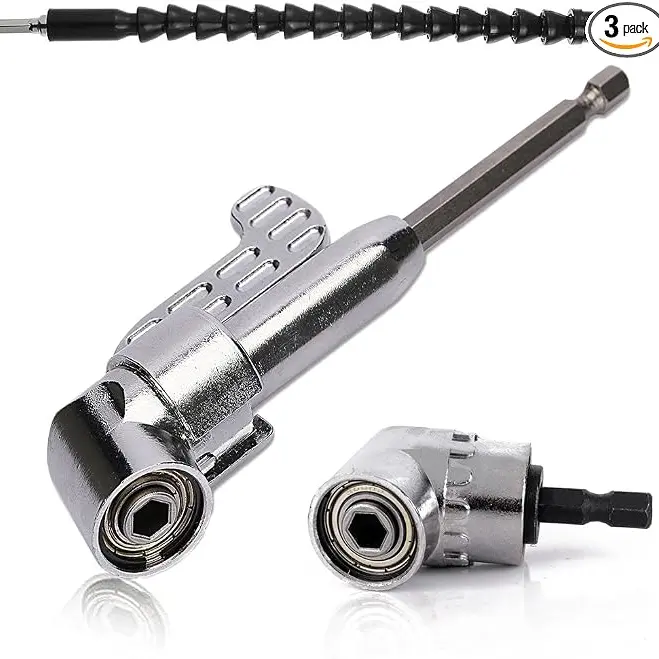 105-Degree Right Angle Drill Attachment 3-in-1 Set - Cordless Drill Adapter, Hex Shank Flexible Extension Bar, 400 RPM Screwdriver Connector, Hand Tool Wrench Driver, 11.6x1/4 In, 2.16x1.25 In, Electrodrill-Compatible for Home Repair