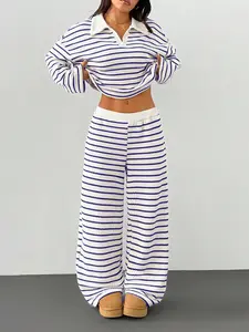 2-piece women's loose striped V-neck dropped shoulder long-sleeved T-shirt and elastic waist striped pants autumn and winter knitted suit