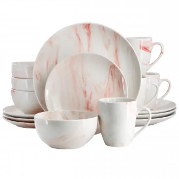 Elama EL-FINEMARBLE-R Fine Marble Porcelain Dinnerware Set in Red - 16 Piece
