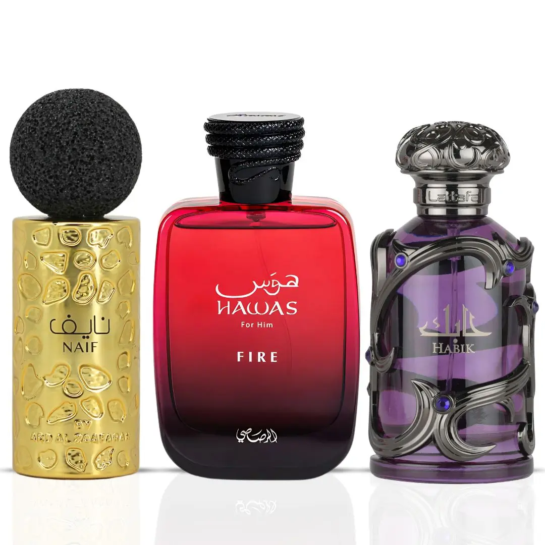 Hawas Fire by Rasasi, Habik Men by Lattafa & Naif by Ard Al Zaafaran - Eau de Parfum Sprays 100ml (3.4 oz) | Three Masculine Scents, One Unforgettable Aura (Bundle)