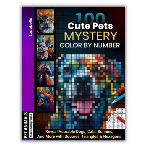 Unisex Color-by-Number Puzzle Book Kit - 100 Mystery Mosaics with Cute Pet Designs (Dogs,Cats,Bunnies,Birds) for Adult-Calm Coloring, Relaxation & Creativity, Animal Print Painting by Numbers with Squares,Triangles,Hexagons Pixels,DIY Supplies