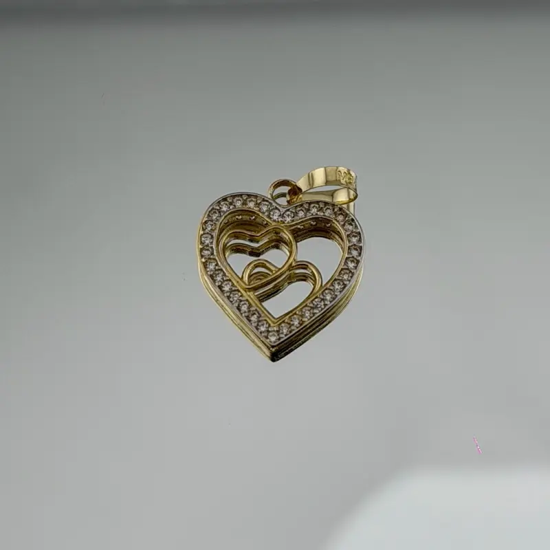 14k Gold Heart-Shaped Pendant, Featuring Inner Smaller Hearts and Border-Set Stones